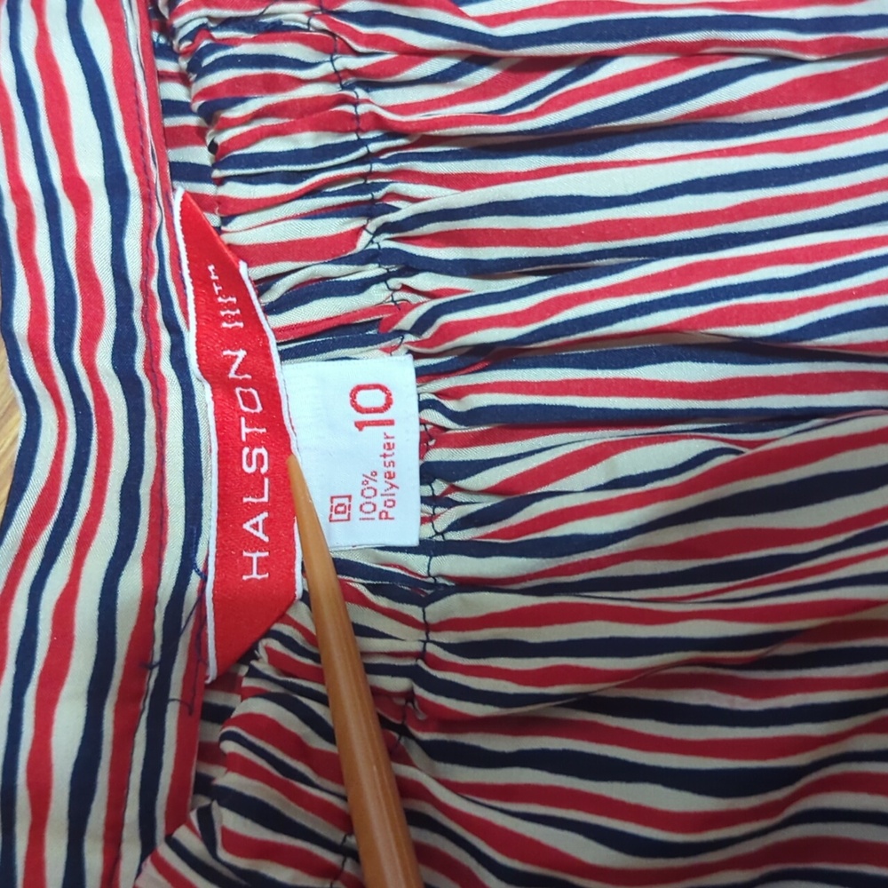 Vintage HALSTON Midi A-LINE SKIRT Red Blue White/ Beige STRIPE Sz 10 AMERICANA